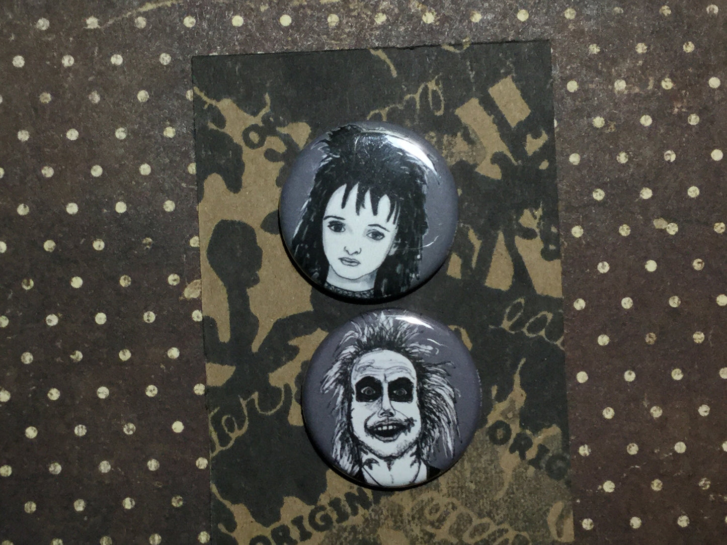 Beetlejuice and Lydia Deetz Couple Button Pins - Spooky Friendship Set