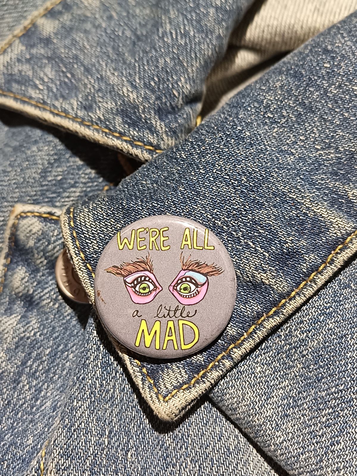 We’re All Mad Pinback Button – Mad Hatter-Inspired Design