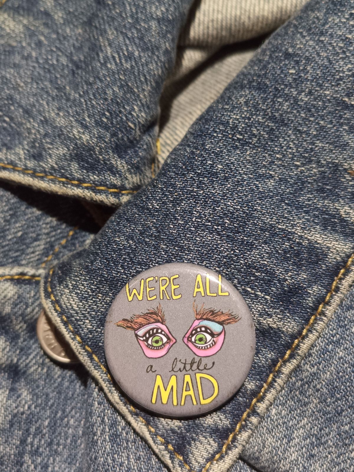 We’re All Mad Pinback Button – Mad Hatter-Inspired Design