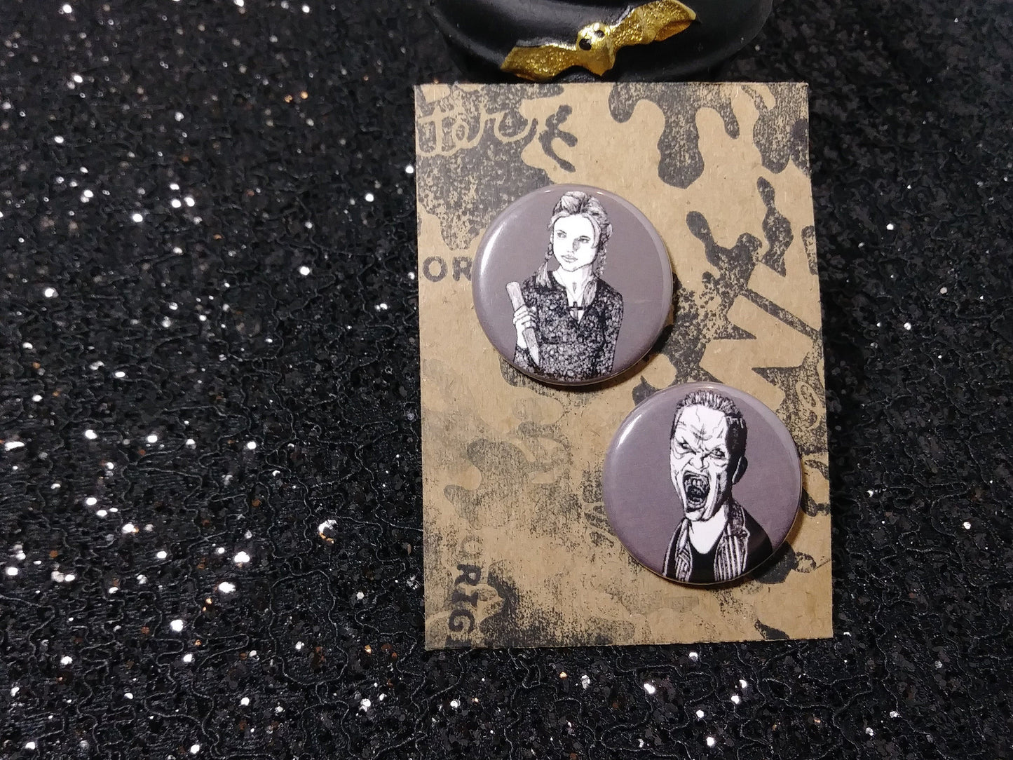 Spike & Buffy Couples Pinback Buttons: Celebrate the iconic love of Buffy the Vampire Slayer with these couple pins.