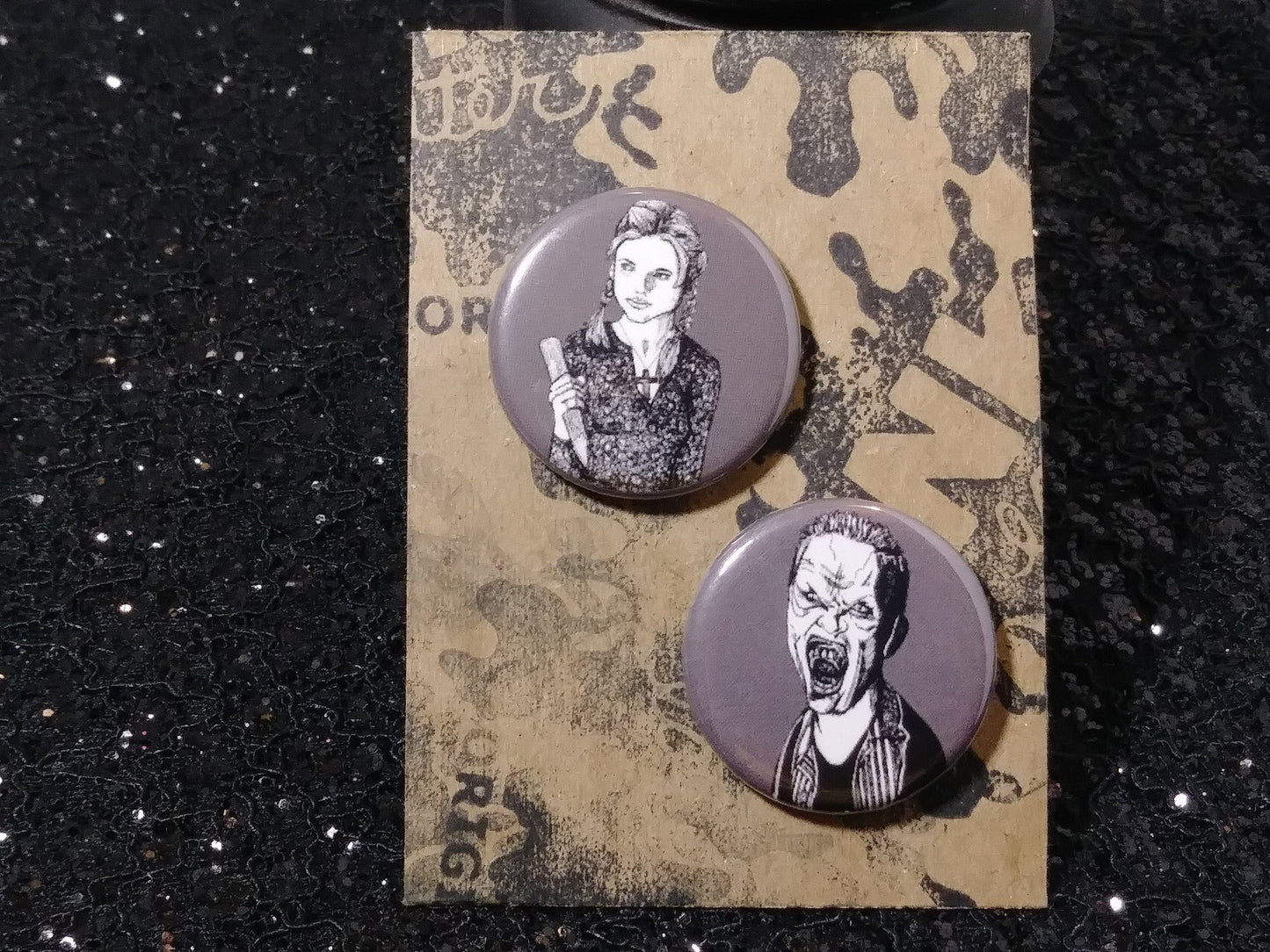 Spike & Buffy Couples Pinback Buttons: Celebrate the iconic love of Buffy the Vampire Slayer with these couple pins.