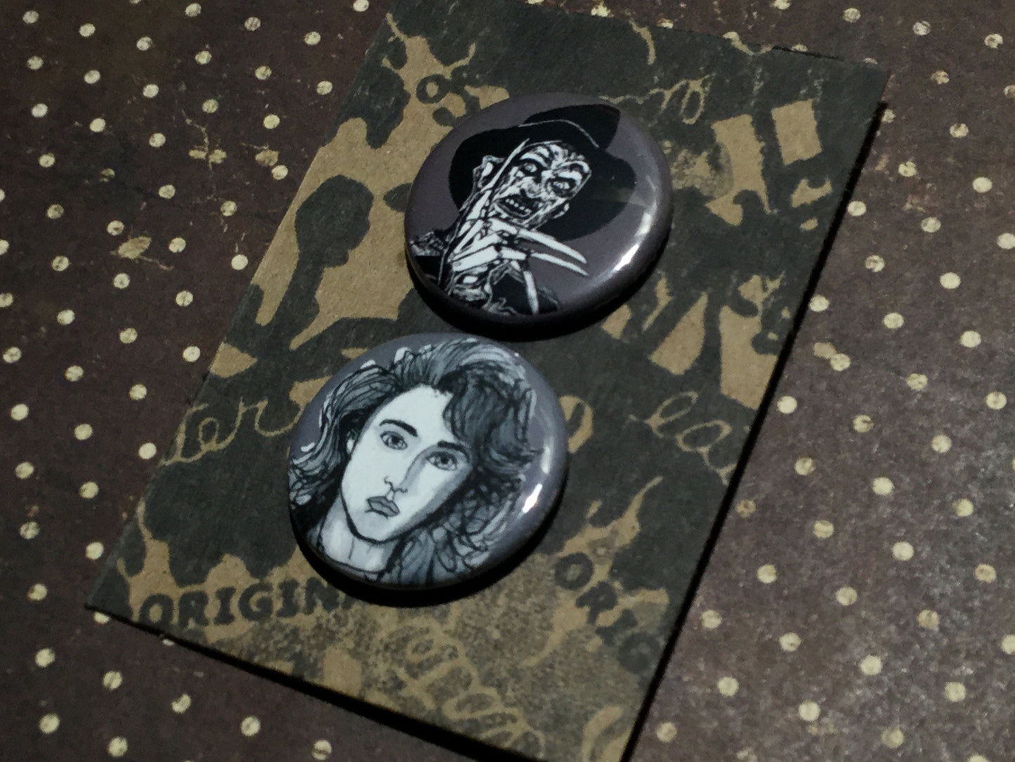 Nancy & Freddy Krueger - Nightmare on Elm Street button Set - Horror Buttons - Wearable Art- Unique Gift - Couples Pins  For ALL 80s horror