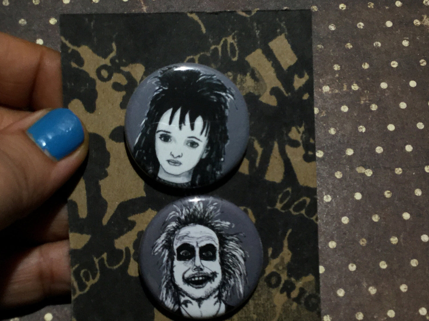 Beetlejuice and Lydia Deetz Couple Button Pins - Spooky Friendship Set