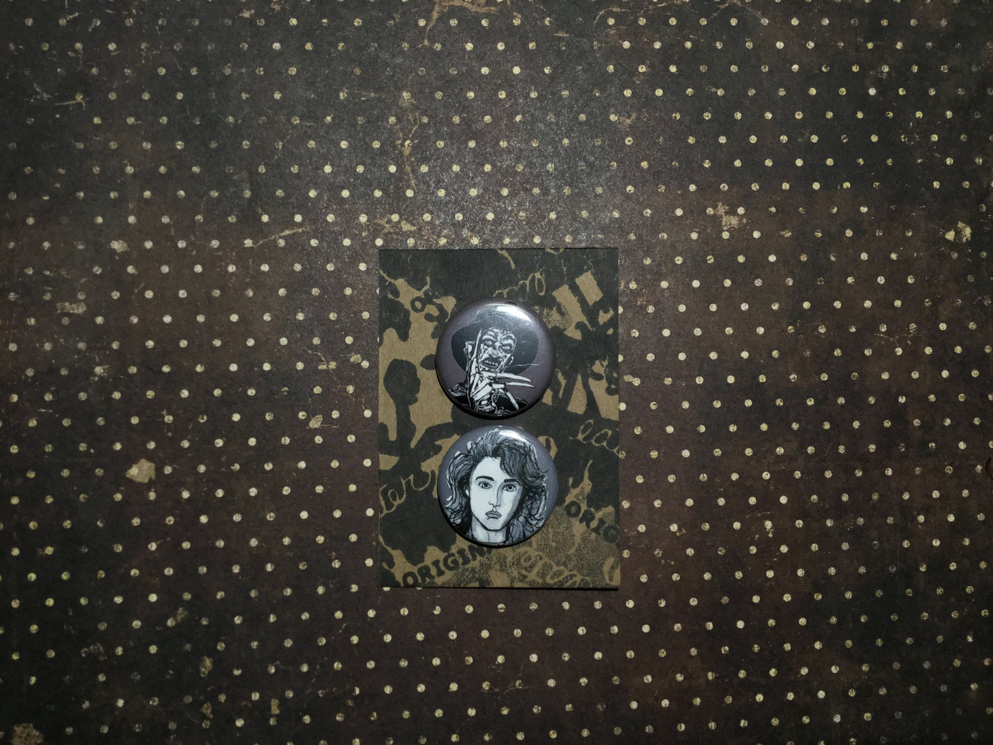 Nancy & Freddy Krueger - Nightmare on Elm Street button Set - Horror Buttons - Wearable Art- Unique Gift - Couples Pins  For ALL 80s horror