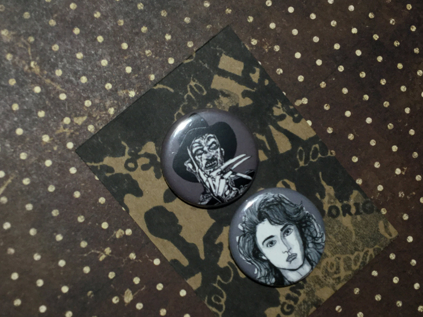 Nancy & Freddy Krueger - Nightmare on Elm Street button Set - Horror Buttons - Wearable Art- Unique Gift - Couples Pins  For ALL 80s horror