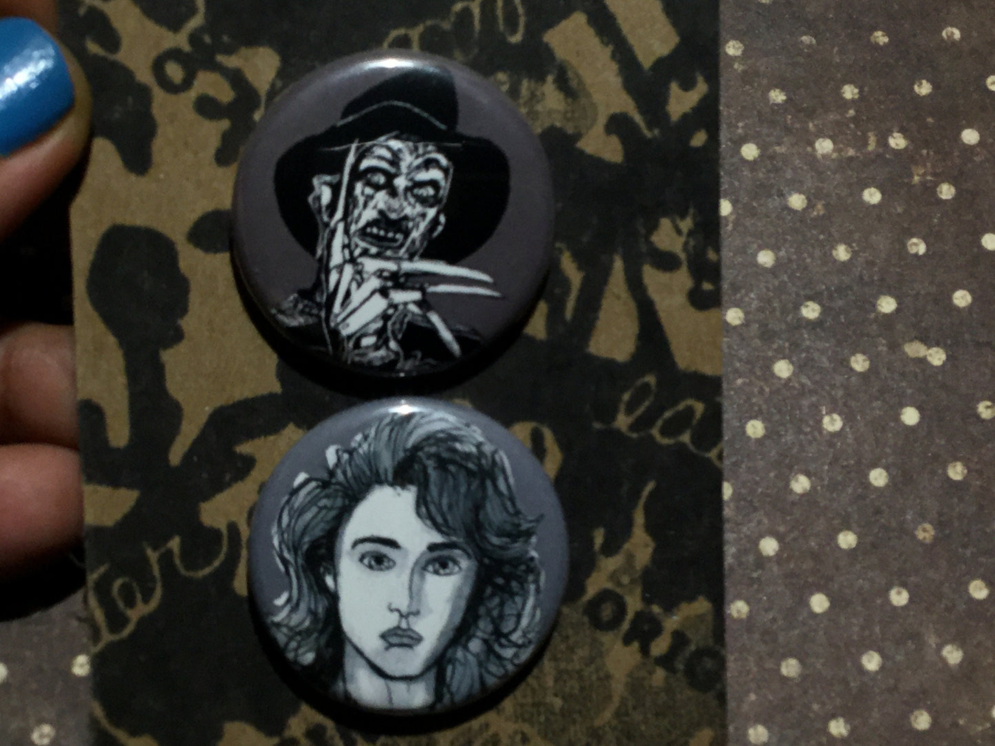 Nancy & Freddy Krueger - Nightmare on Elm Street button Set - Horror Buttons - Wearable Art- Unique Gift - Couples Pins  For ALL 80s horror
