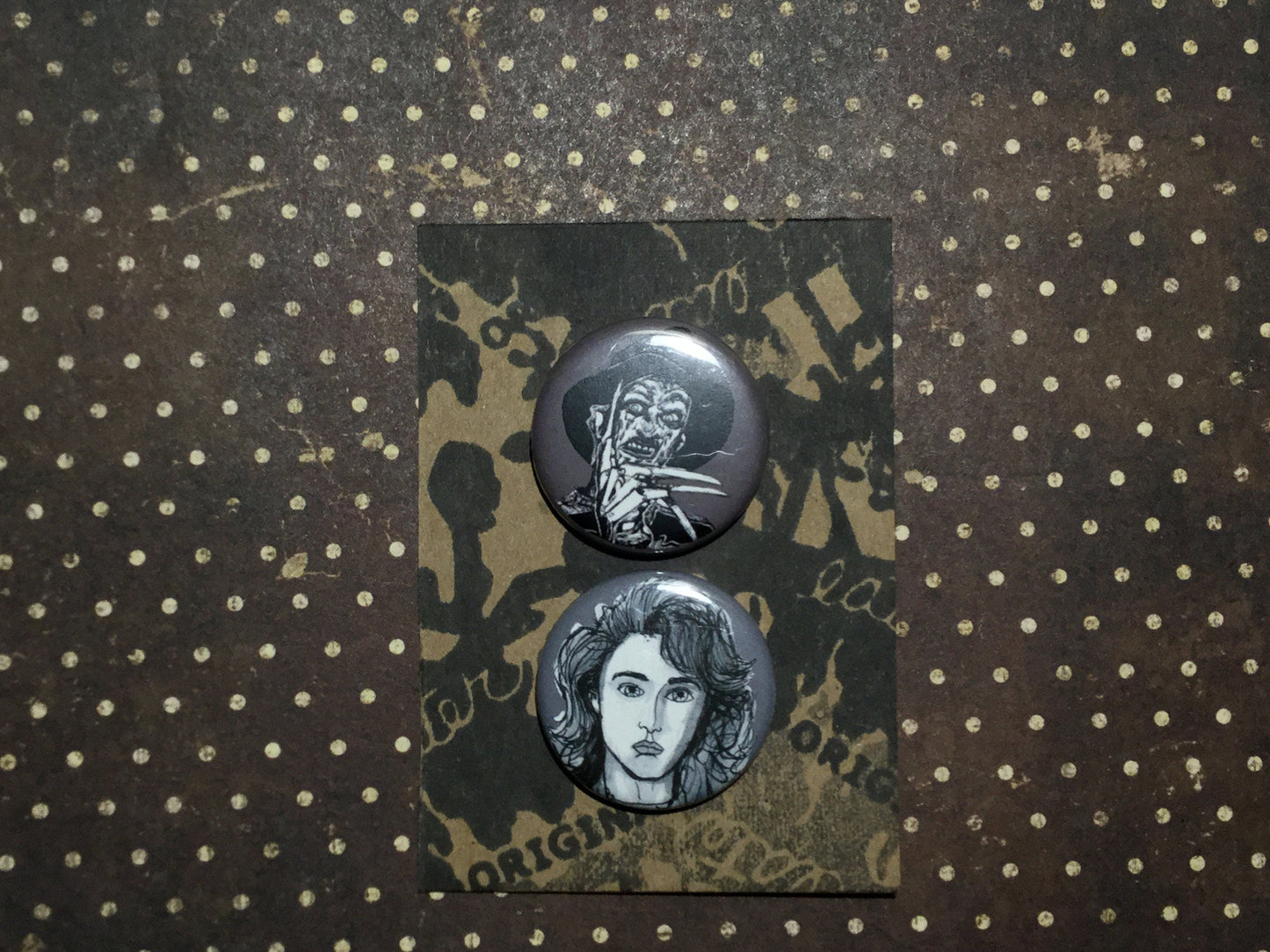 Nancy & Freddy Krueger - Nightmare on Elm Street button Set - Horror Buttons - Wearable Art- Unique Gift - Couples Pins  For ALL 80s horror